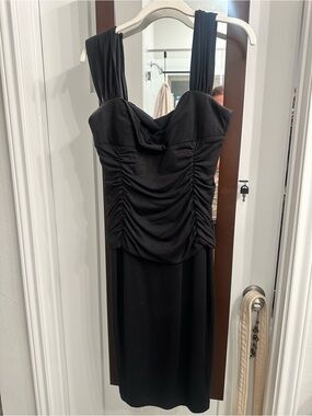 Women’s Black Ruched Sweetheart Midi Dress with Wide Straps